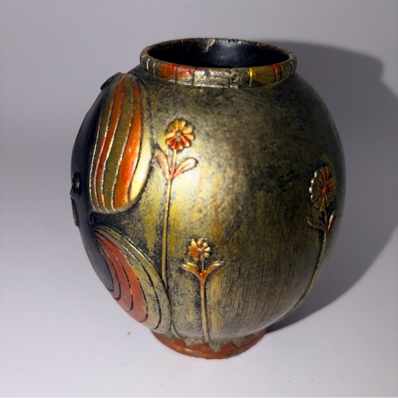 Art Pottery Face Vase | Art Nouveau Style | Gold Orange Floral Sculptural Decor - Picture 3 of 11